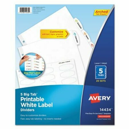 AVERY DENNISON Avery, BIG TAB PRINTABLE WHITE LABEL TAB DIVIDERS, 5-TAB, LETTER, 20PK 14434